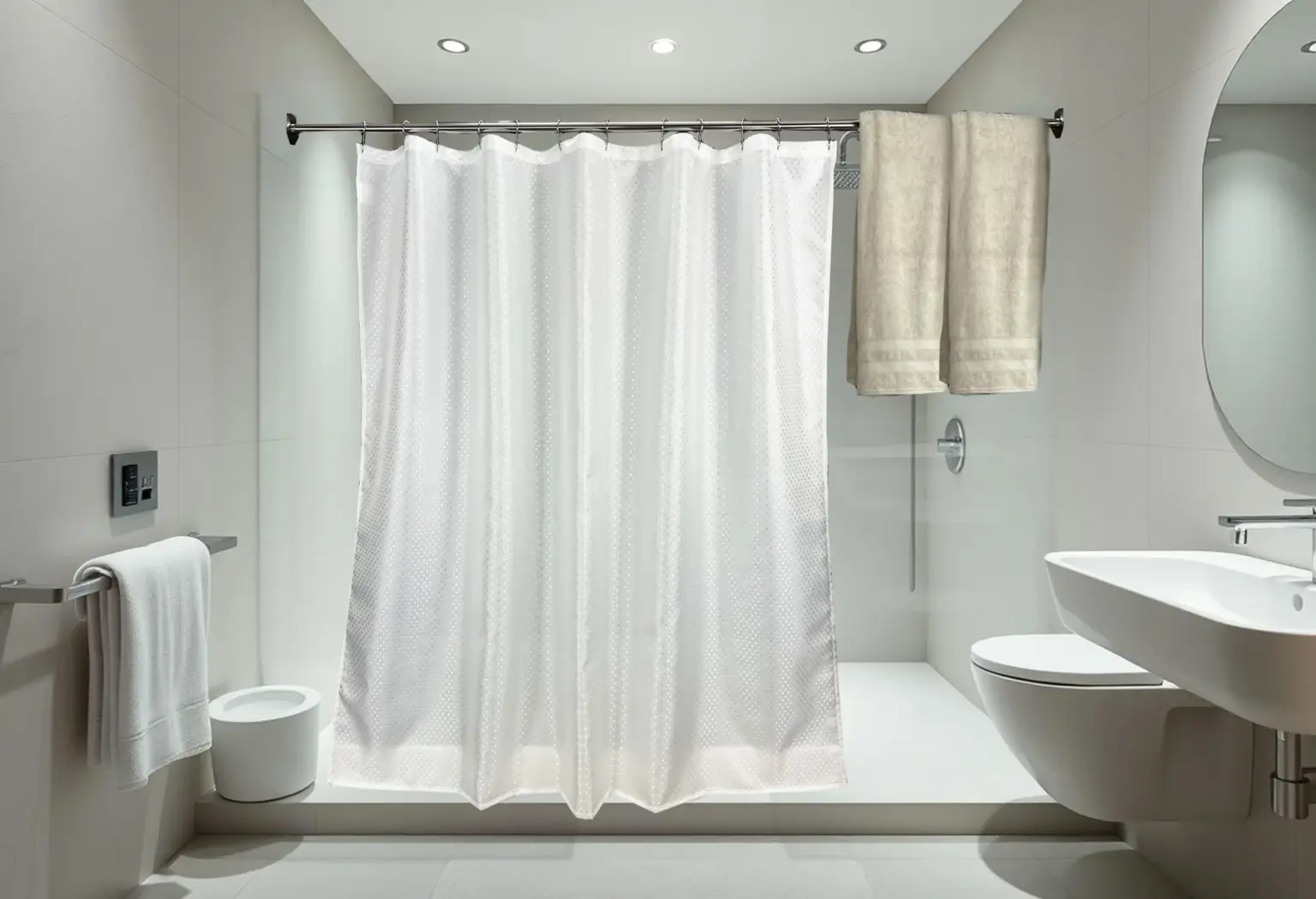 Dobbie white polyester shower curtain bath scene