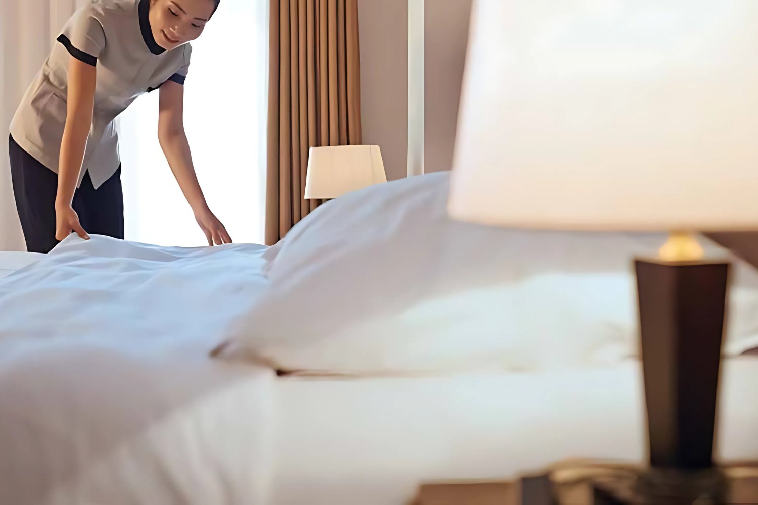 Hotel Bed Duvet Cover Sham white Sateen T310 CotPoly Satin Stripe on bed