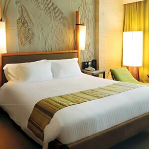 Hotel Bed white Sateen T310 CottonPoly Satin Stripe on bed