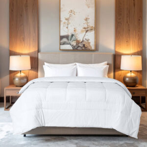 Five Star Hotel Collection white down alternative comforter on a hotel bed